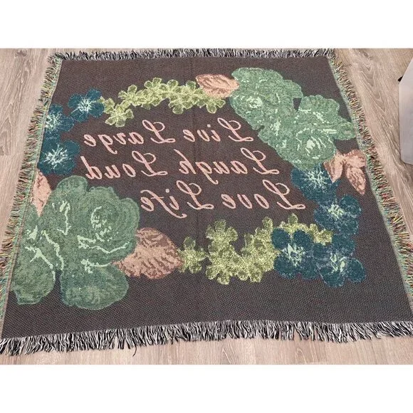 Vintage Live Laugh Love Colorful Floral Tapestry Throw Blanket 50 X 52 - Picture 7 of 12